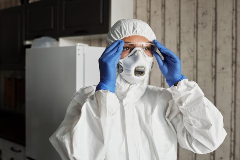 Healthcare professional in full PPE adjusting safety glasses for optimal protection indoors.